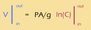 V = - PA/g * ln(C) | Cout, Cin