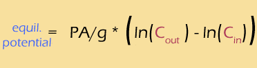 V = - PA/g * ln(Cout) - ln(Cin)