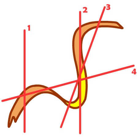 Tube bent into a wave with four red lines across it at different angles numbered 1 through 4
